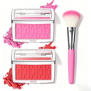 2pcs Matte Embossed Blush & Brush Long Lasting High Pigmented Multi-Purpose Blush Palette Pink Natural Color Rendering Cosmetics
