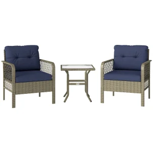 3 Pieces Rattan Bistro Set with Glass Top Coffee Table, Chairs and Cushions for Outdoor, Patio, Balcony, Charcoal Grey