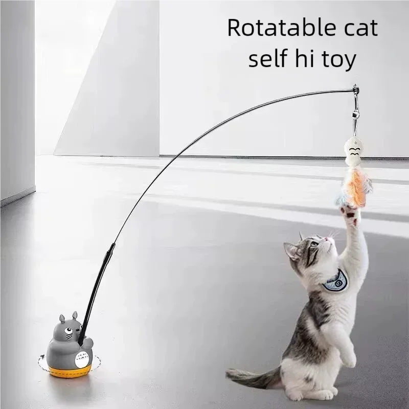 360-Degree Rotating Cat Teaser Toy with Dragon Totoro Design Steel Rod Fish Head with Bell for Cat Entertainment Cat Supplies - Image 2