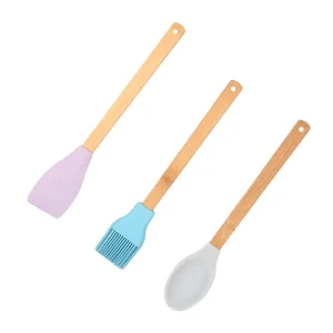 3Pcs Silicone Baking Set Multi-Purpose Heat Resistant Spatula Spoon Brush Wooden Handle Kitchen Utensil Non-Stick Flexible
