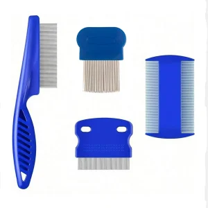 4 Pack Flea Lice Comb, Stainless Steel Dog Cat Grooming Combs with Rounded Teeth, Double Sided Professional Pet Tear Stain Remover