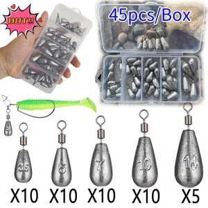 45PCS/Box Drop Shot Fishing Weight Sinker 3.5g 5g 7g 10g 14g Tube Bullet Plumb Pendant Metal Jig Sea Tackle Kit Pesca Tool
