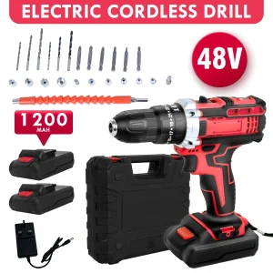 48V Cordless Screwdriver Drill Driver Set Power Electric 25+1 Torque with 1200mAh Battery for DIY Drilling Walls LED Light