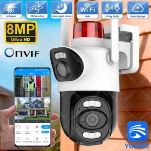4K 8MP WiFi Surveillance Camera With warning lights,AI Human Detect, Dual Lens Cam, 10X Digital, Outdoor Security PTZ IP Cameras