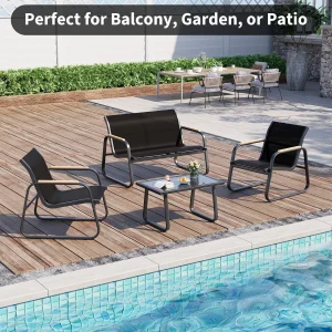 4Pcs Garden Furniture Set Weatherproof Outdoor Patio Seating Textilene Armchairs Loveseat With Glass Coffee Table For Balcony