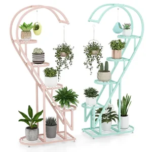 5 6Tier Tall Plant Stand, 2Pack Ladder Plant Shelf with Hanging Hooks, Indoor Outdoor Metal Display Pot Holder for Balcony Gard