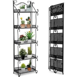 5 Tier Foldable Metal Plant Stand - Black, Ideal for Garden, Balcony, Patio