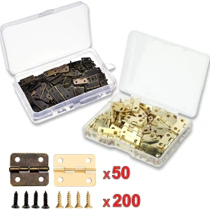 50pcs/box Hinges + 200 Screws Iron Golden/Antique Bronze 4 Holes Durable Furniture Hardware 16*13mm Mini Rounded Hinge Decor