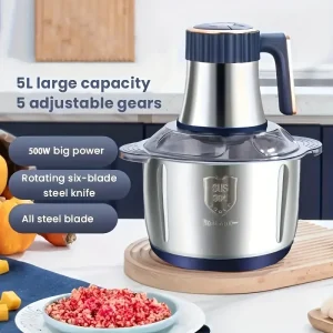 5L Stainless Steel Food Processor with 6-Blade System - Fast Meat Mincer & Vegetable Chopper, 5 Speeds（European Plug ）