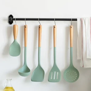 5Pcs Green Non-stick Silicone Wooden Handle Kitchen Utensils Kitchen Utensils Silicone Cooking Spatula Baking Storage Tool