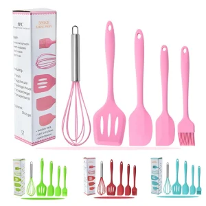 5Pcs Silicone Cooking Utensils Set Non-Stick Flexible Kitchen Tools including Cake Spatula Whisk Oil Brush And Cooking Shovel