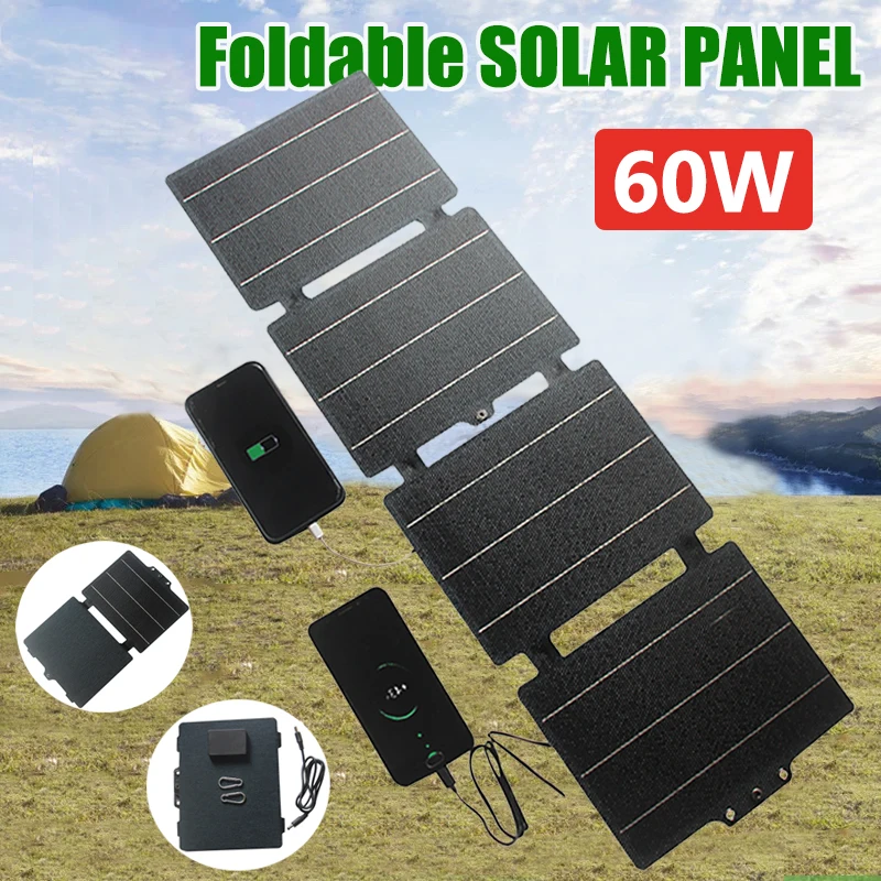 60W Foldable Solar Panel Type-C USB 12V DC Solar Charger Portable Solar Cell Outdoor Phone Power Bank Charger for Camping Hiking