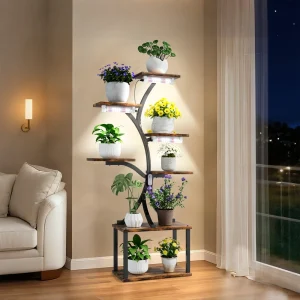 7 Tiered Plant Stand Branch Shape Metal Flower Display Rack Holder with LED Grow Lights