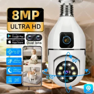 8MP WiFi IP Camera E27 Bulb Dual Lens Wireless Cam Baby Monitor Two-way Audio AI Human Tracking Smart Home Surveillance Camera