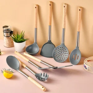 8Pcs Silicone Kitchenware Set Non-Stick Wooden Handle Kitchen Utensils Anti Slip Spatula Shovel Spoon Spaghetti Claw Cooking Set