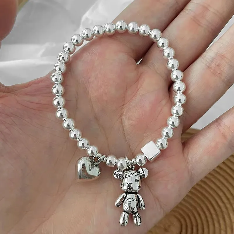 925 Sterling Silver Bracelets for Women String of Beads Accessories Trend Vintage Simple Cute Bear Pendant Party Jewelry - Image 2