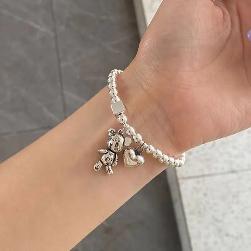 925 Sterling Silver Bracelets for Women String of Beads Accessories Trend Vintage Simple Cute Bear Pendant Party Jewelry - Image 3
