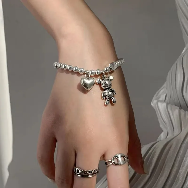 925 Sterling Silver Bracelets for Women String of Beads Accessories Trend Vintage Simple Cute Bear Pendant Party Jewelry - Image 4