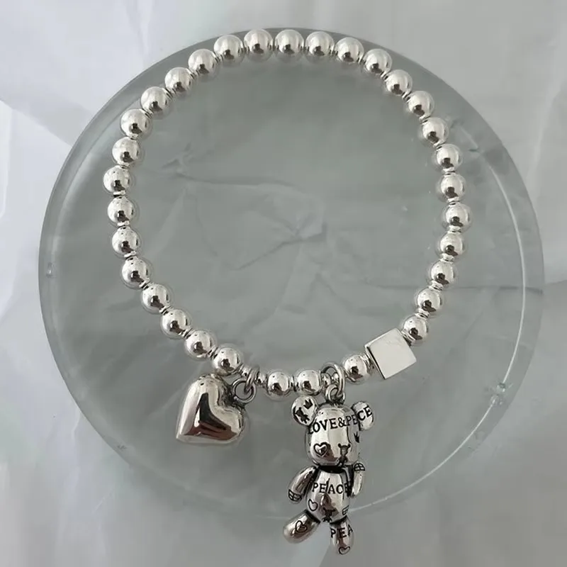 925 Sterling Silver Bracelets for Women String of Beads Accessories Trend Vintage Simple Cute Bear Pendant Party Jewelry - Image 5