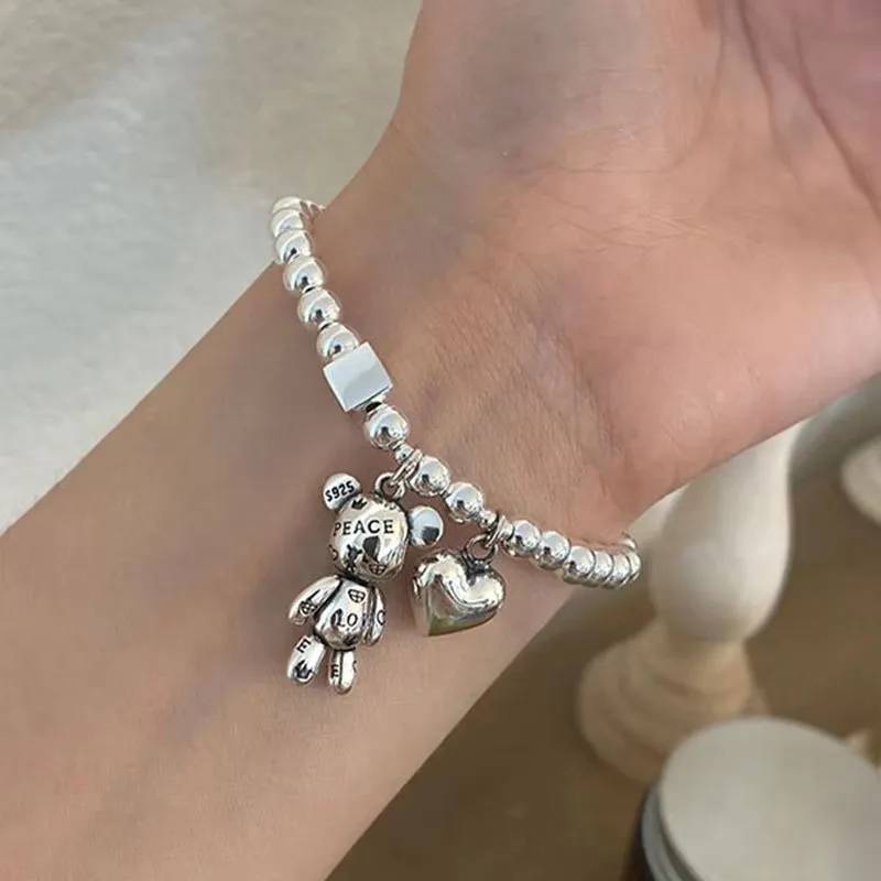 925 Sterling Silver Bracelets for Women String of Beads Accessories Trend Vintage Simple Cute Bear Pendant Party Jewelry - Image 6