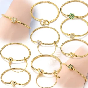 925 Sterling Silver Gold Bracelet Bangle Golden Heart Star Four-Leaf Clover Bracelet Snake Chain For Women Original Gold Jewelry