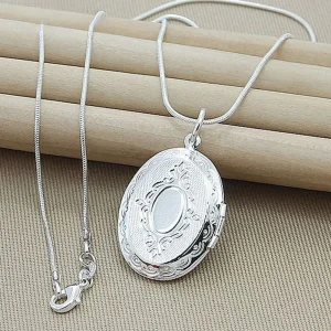 925 Sterling Silver Oval Round Photo Frame Pendant Necklace 18/20-28/30 Inch Snake Chain For Woman Man Wedding Jewelry