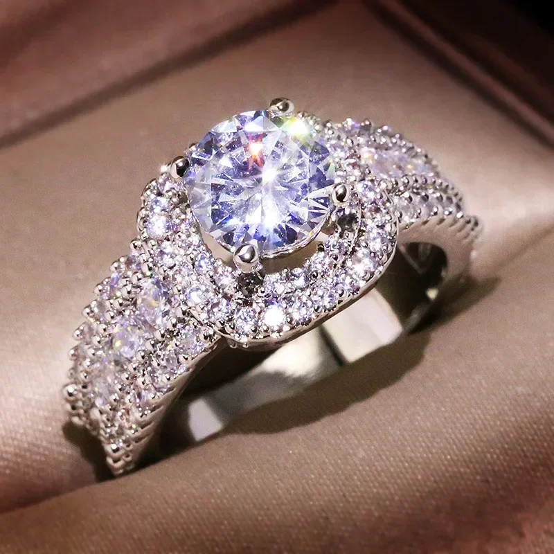 925 Sterling Silver Square Zircon Full Diamond Ring, Ladies Banquet Engagement Party Birthday Gift