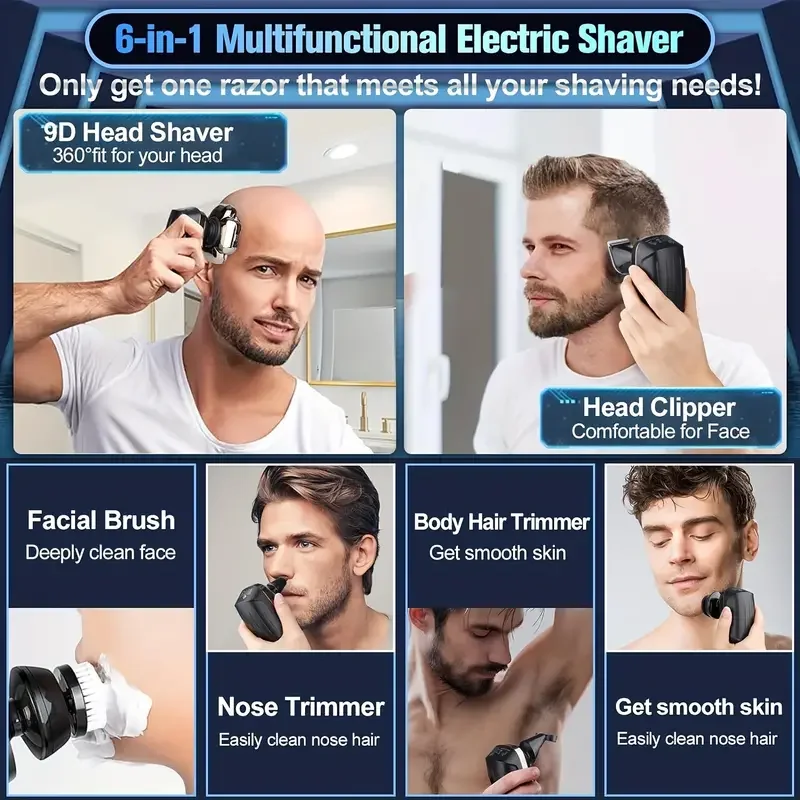 9D Floating Electric Shavers for Men Bald Head IPX7 Waterproof Electric Razor Wet/Dry Shaving with Grooming Kit with LED Display - Image 2
