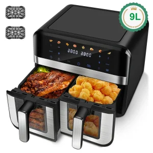 9Qt 8-in-1 Dual Air Fryer XXL with Viewing Window, Double Baskets, Sync Cook & Finish to Bake, Roast, Reheat, Dishwasher Safe