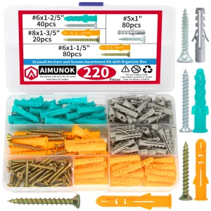 AIMUNOK 220pcs drywall anchors & screws kit. Includes wall plugs, comes with organizer box & tools. Specs: #8x1 - 3/5", #5x1"