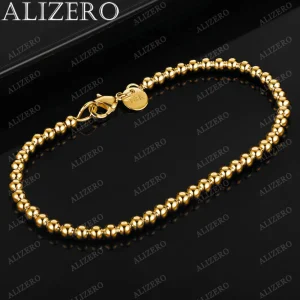 ALIZERO 16-23cm 925 Sterling Silver 18K Gold Plated 4mm Beads Chain Bracelet For Women Men Fashion Accessories Jewelry Gift