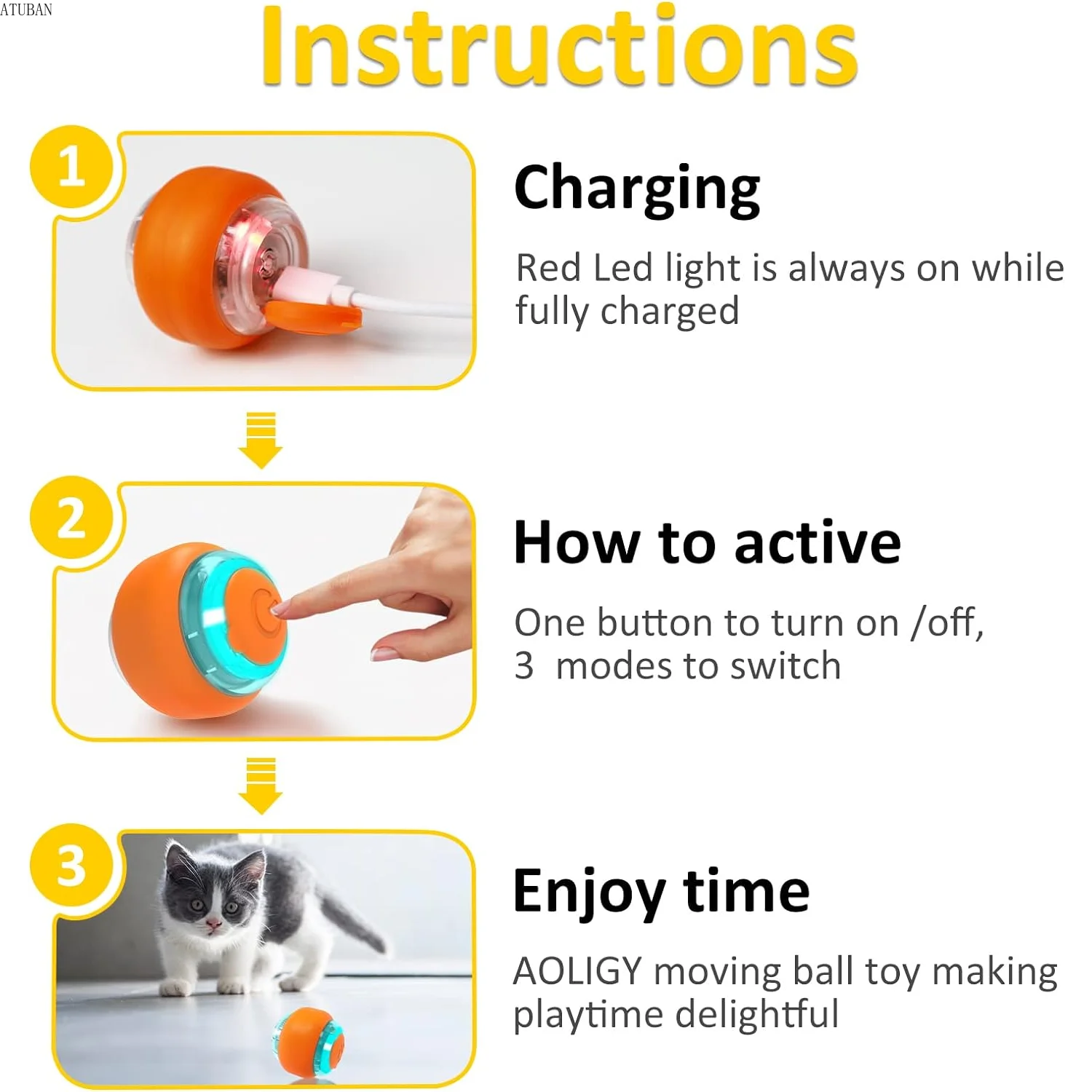 ATUBAN Moving Cat Toy Ball,Motion Activated Cat Toy for Indoor Cat,Interactive Cat Ball,Smart Cat Toy for Exercise Entertainment - Image 5