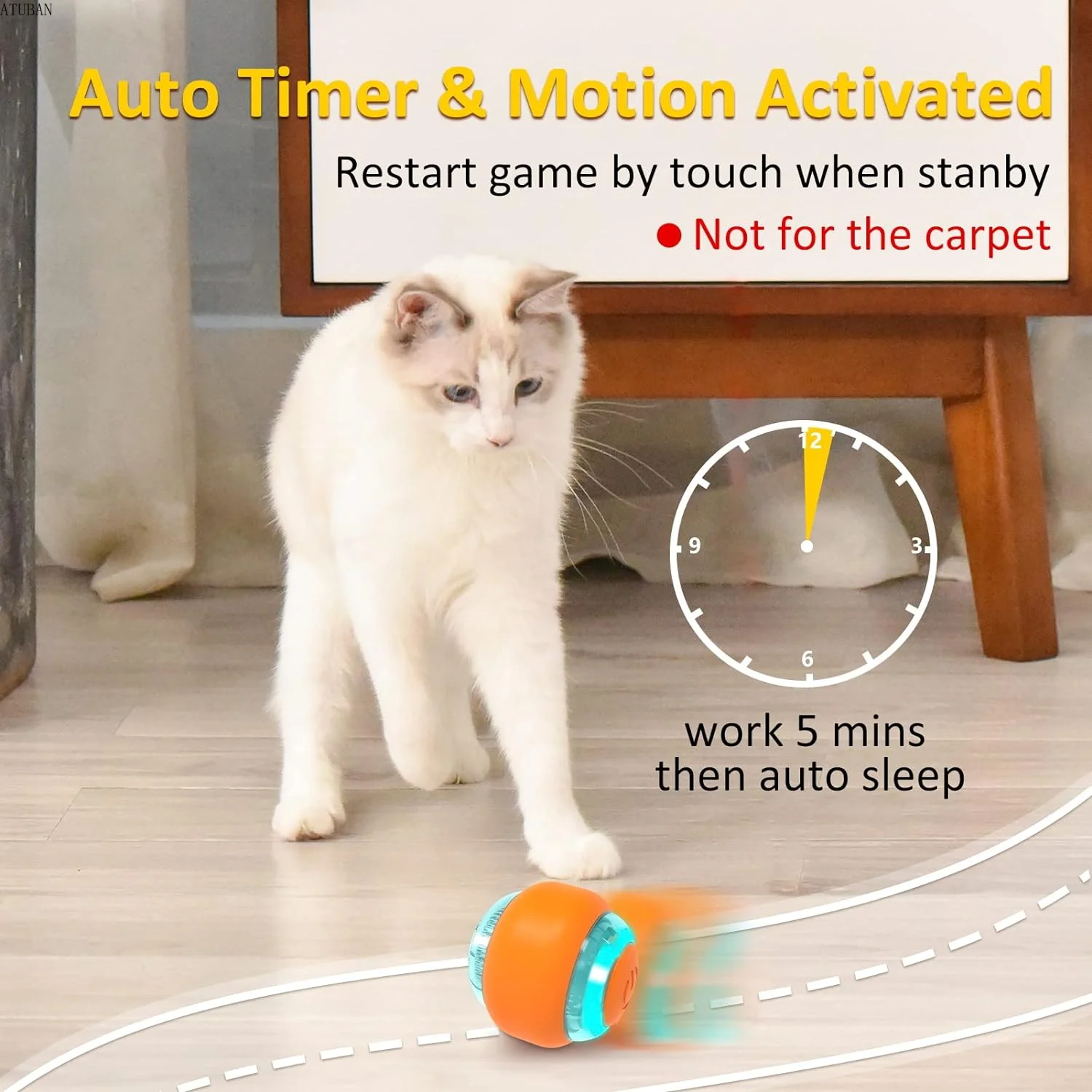 ATUBAN Moving Cat Toy Ball,Motion Activated Cat Toy for Indoor Cat,Interactive Cat Ball,Smart Cat Toy for Exercise Entertainment - Image 3