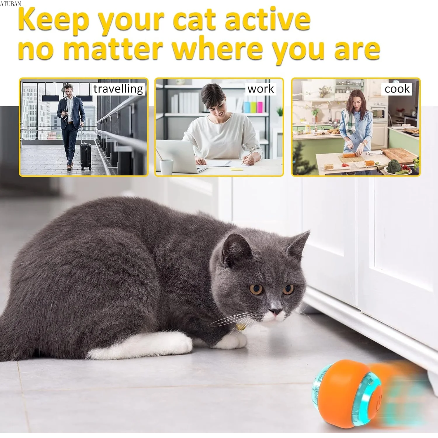 ATUBAN Moving Cat Toy Ball,Motion Activated Cat Toy for Indoor Cat,Interactive Cat Ball,Smart Cat Toy for Exercise Entertainment - Image 6