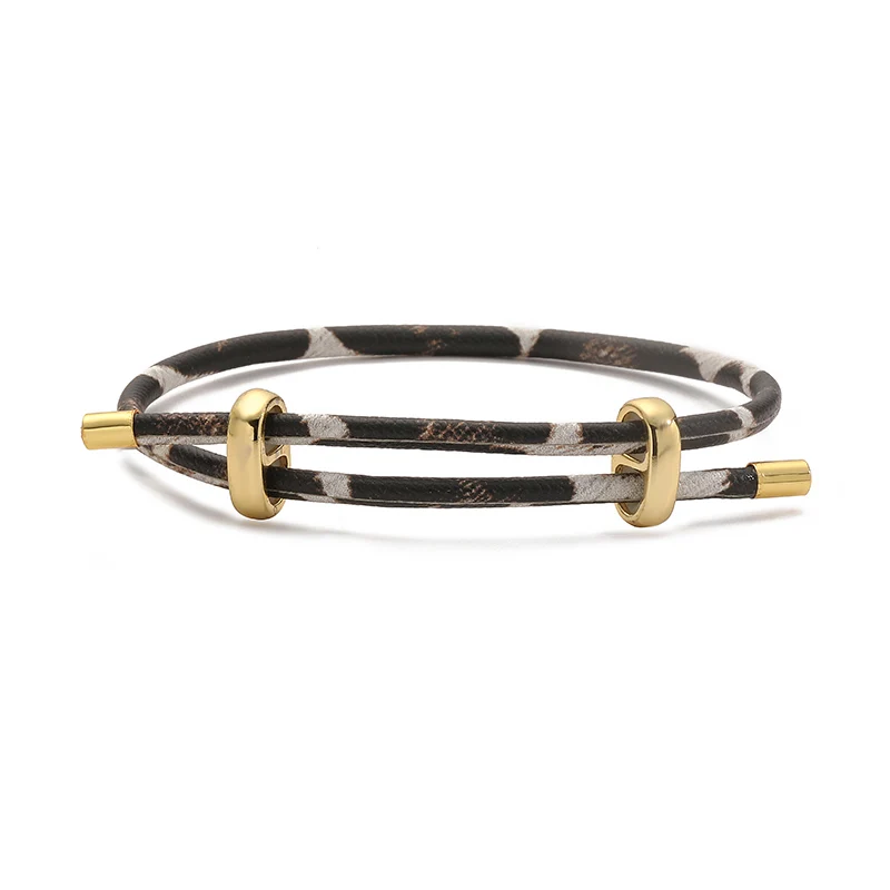 Adjustable Drawstring Bracelet, Black & Brown Cowhide-Textured Multicolor Braided Cord - Unisex Couple's Accessory - 1 Piece - Image 5