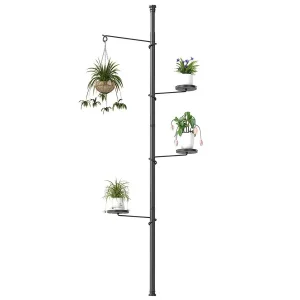 Adjustable Plant Stand Indoor, 4Tier Metal Telescopic Pole Flower Pot Display Rack, Corner Storage Shelf with 3 Trays 1 Hanger,