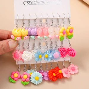 Aihua New In Mix 10pcs Cute Sweet Flower Earrings Lovely Resin Petal Flowers Dangle Earrings for Woman Kids Jewelry Gifts