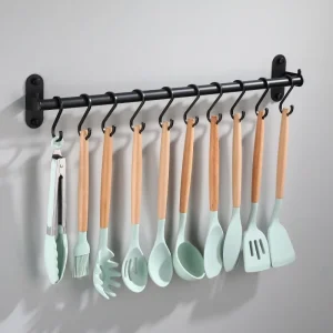 Aluminum Wall Mounted Kitchen Hook Rack Wall Hangers Rail Kitchen Utensils Rack Spoon Shovel Chopping Board Storage Rack