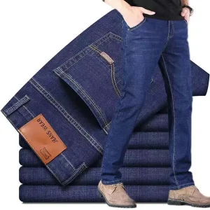 Autumn Classic Men's Fitted Stretch Jeans Business Casual Cotton Denim Straight Leg Pants Male Black Blue Trousers.