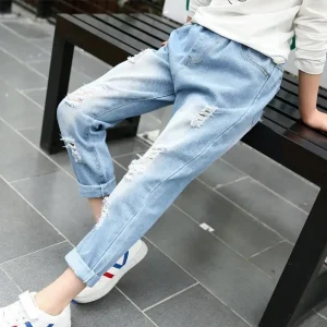 Autumn Girls Jeans Cartoon Applique Denim Trousers Children's Stretch Waist Solid Pants Casual loose jeans
