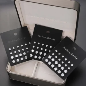 Autumn/Winter Geometric Six-Claw Heart-Shaped Crystal Zircon Basic Set Ear Studs Vintage Elegant 36 Pairs Unisex