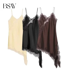 BSAY Lace Asymmetric Dress Summer New 2025 Women's clothing Fashion V-neck Sexy mini dress vest chic French Evening