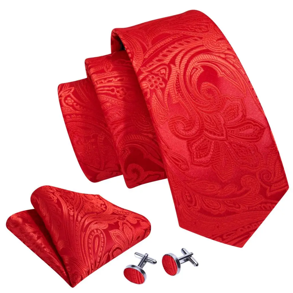 Barry.Wang Red Maroon Burgundy Rose Men's Tie Pocket Square Cufflinks Set Jacquard Necktie for Male Wedding Business Party - Image 2