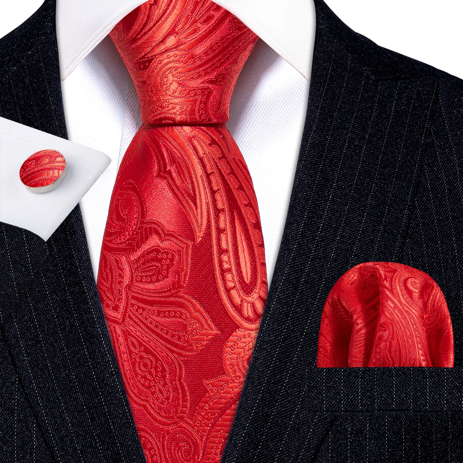 Barry.Wang Red Maroon Burgundy Rose Men's Tie Pocket Square Cufflinks Set Jacquard Necktie for Male Wedding Business Party - Image 5