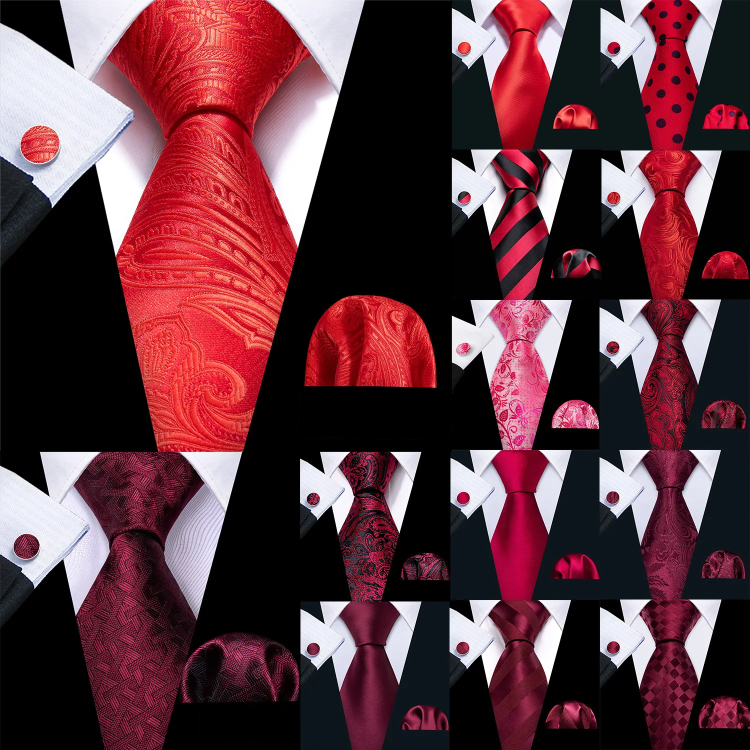 Barry.Wang Red Maroon Burgundy Rose Men's Tie Pocket Square Cufflinks Set Jacquard Necktie for Male Wedding Business Party