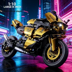 Black Gold Mechanical Motorcycle Building Blocks Set, Detachable Design Retro Display Model, Ideal Gift for Boys & Adults