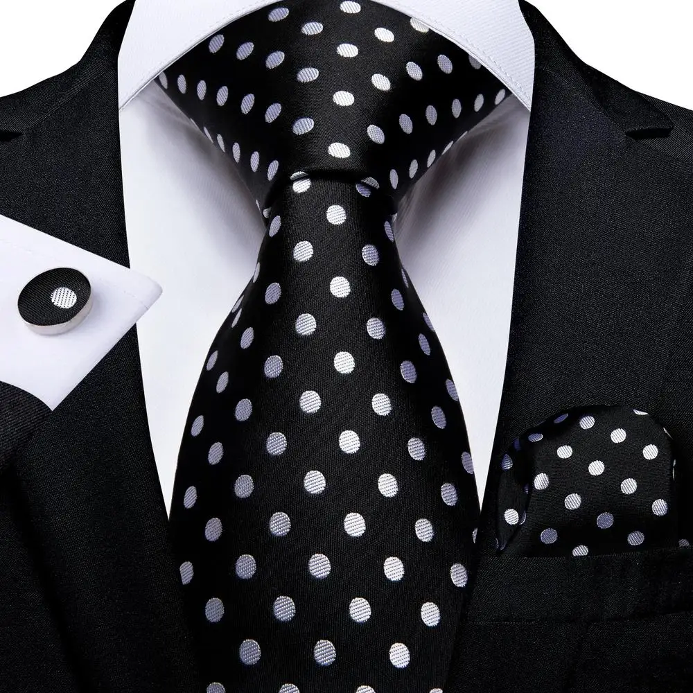 Black White Dot Silk Wedding Tie For Men Hanky Cufflink Gift Men Necktie Gravata Set Fashion Business Dropshipping Hi-tie Design - Image 2