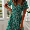 Boho Floral Print Ruffles Women Dress Summer Sexy V Neck Short Sleeve A Line Chiffon Mini Dresses Beach Vacation Sundress