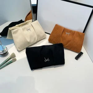 Bow Decoration Corduroy Women's Bag Female Large Capacity Cosmetic Bag Fashion Clutches Purse For Women