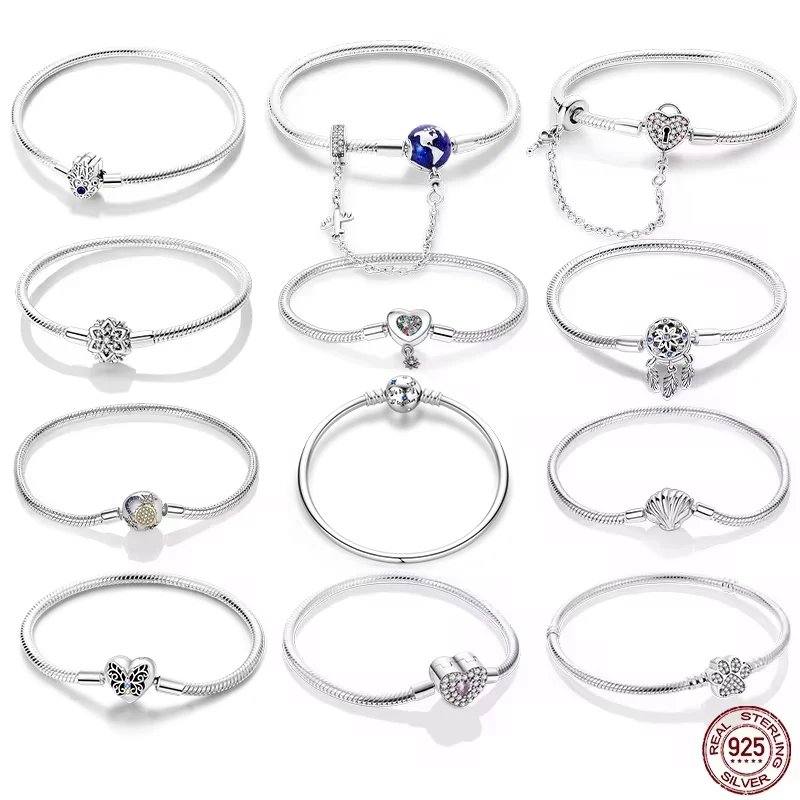 Bracelet Silver 925 Original 17-20CM Star Moon Sun Four Leaf Clover Green Zircon Bracelets Fit DIY Charms Birthday Jewelry Gifts